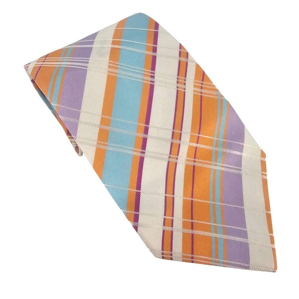 Ben Silver Silk Tie Pastel Plaid Italian Designer Luxury Easter Preppy Office